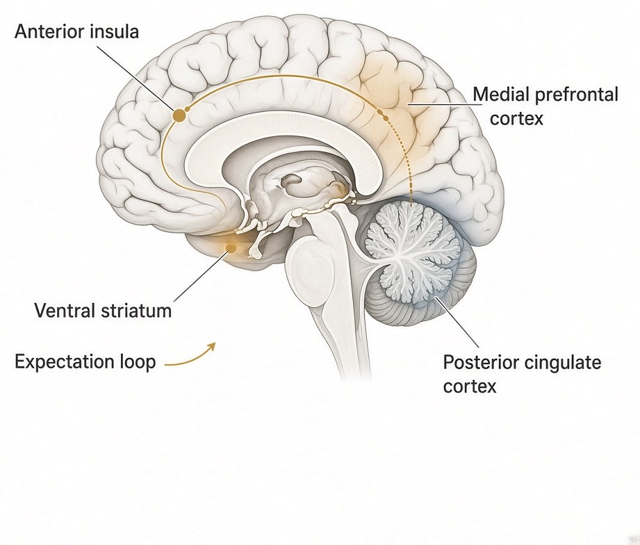 Medial view of the brain. Highlighted: ventral striatum, anterior insula, medial prefrontal cortex, posterior cingulate cortex.